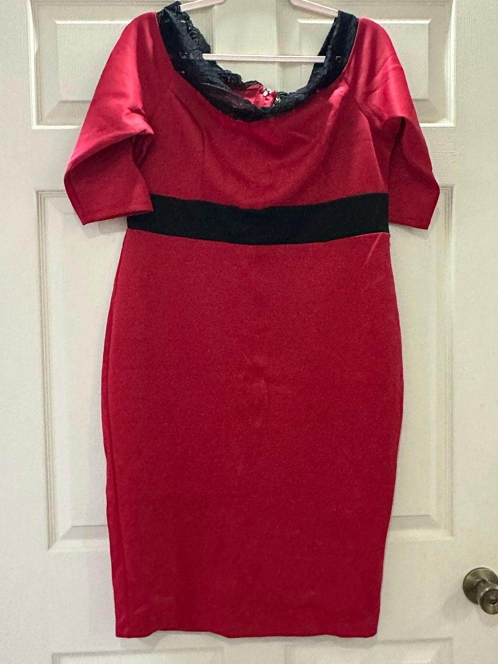 VENUS Red Midi Sheath Dress with Black Waistband and Lace Trim